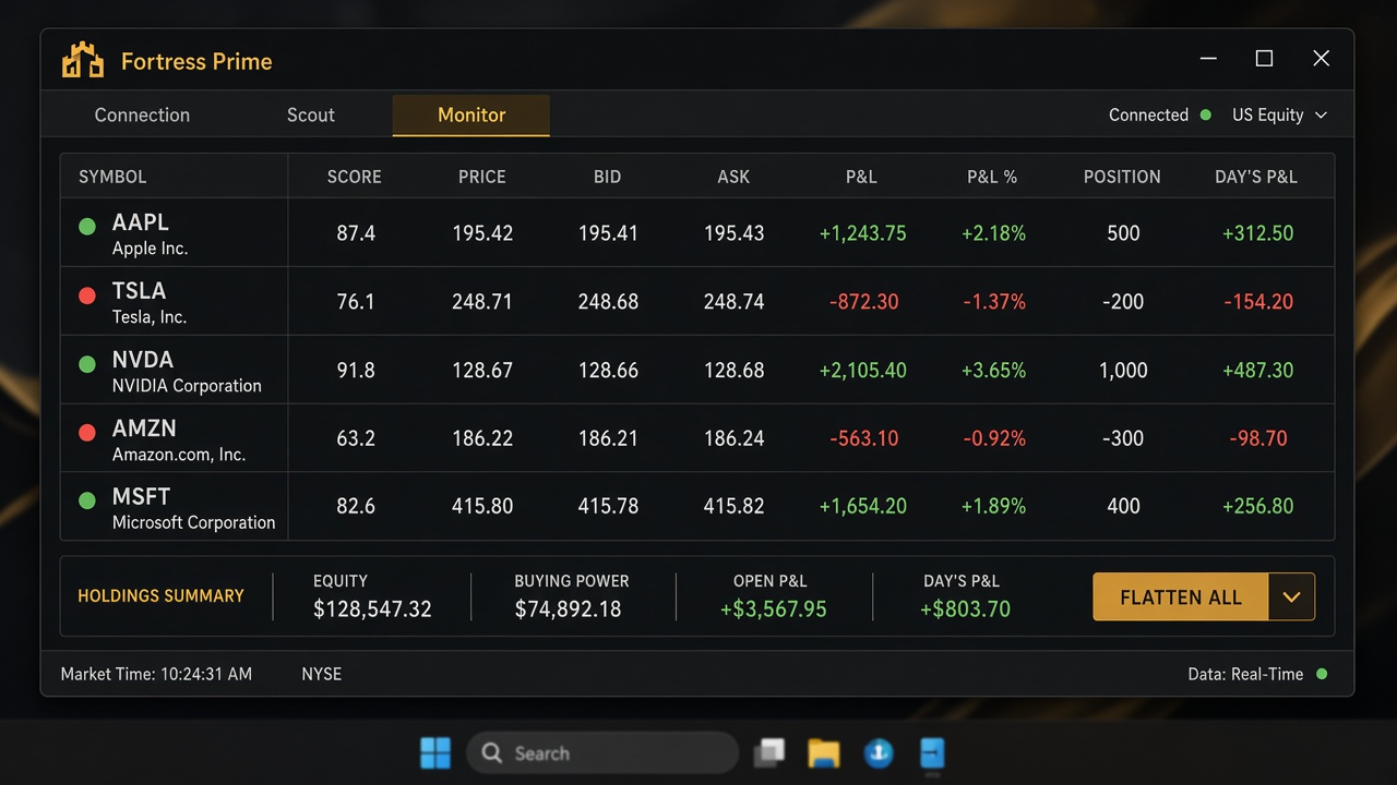 Fortress Prime Monitor tab screenshot with stock watchlist, bid ask, and P&L